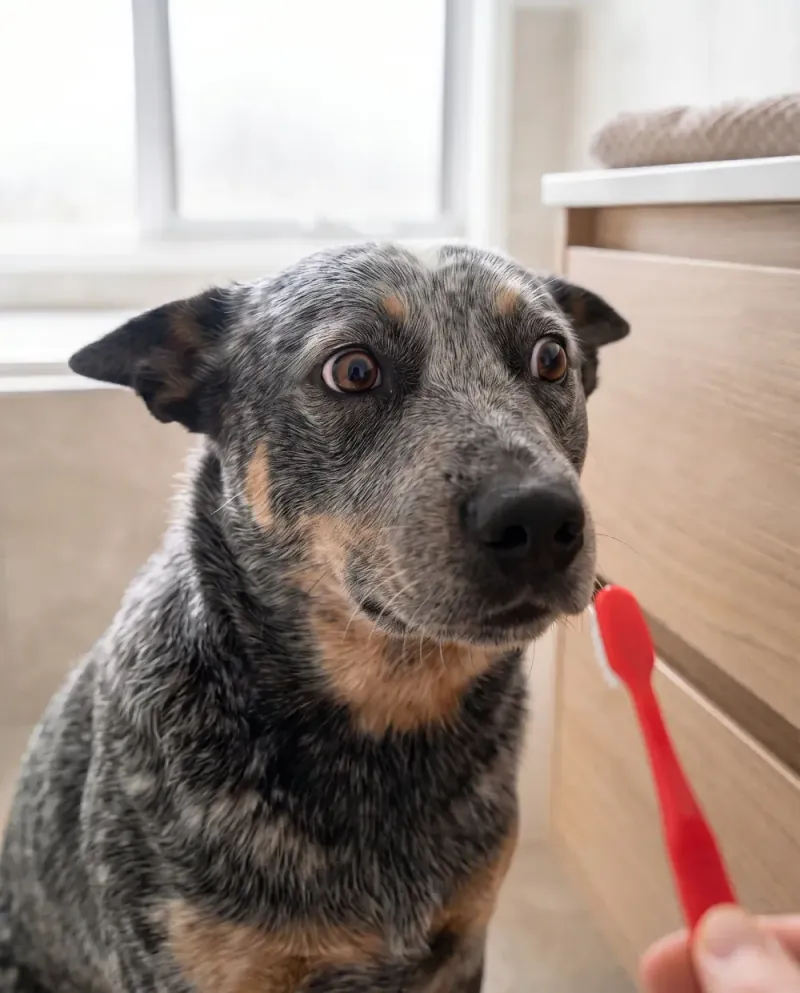 Dog staring suspiciously at a toothbrush